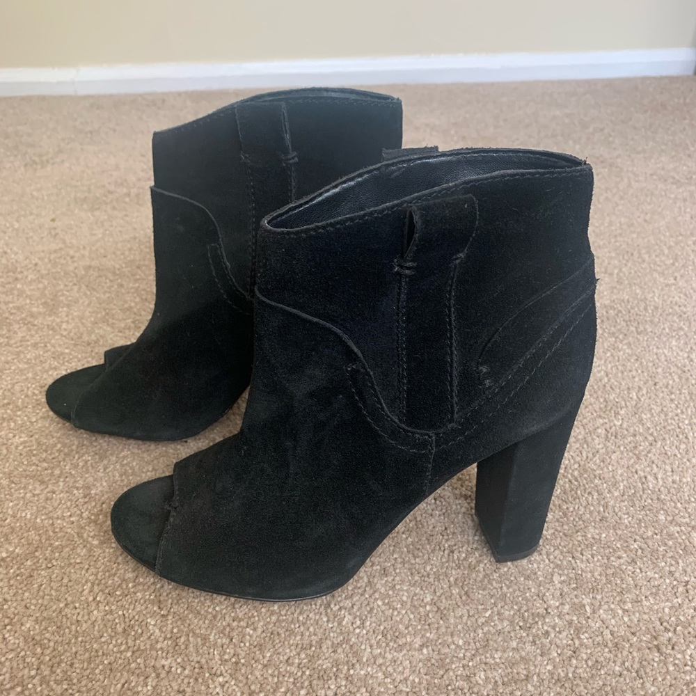 Vince Camuto Camey Black Suede Peep-toe Booties.